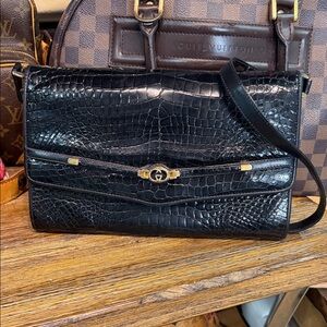 Gucci Black Crocodile Embossed Crossbody Bag